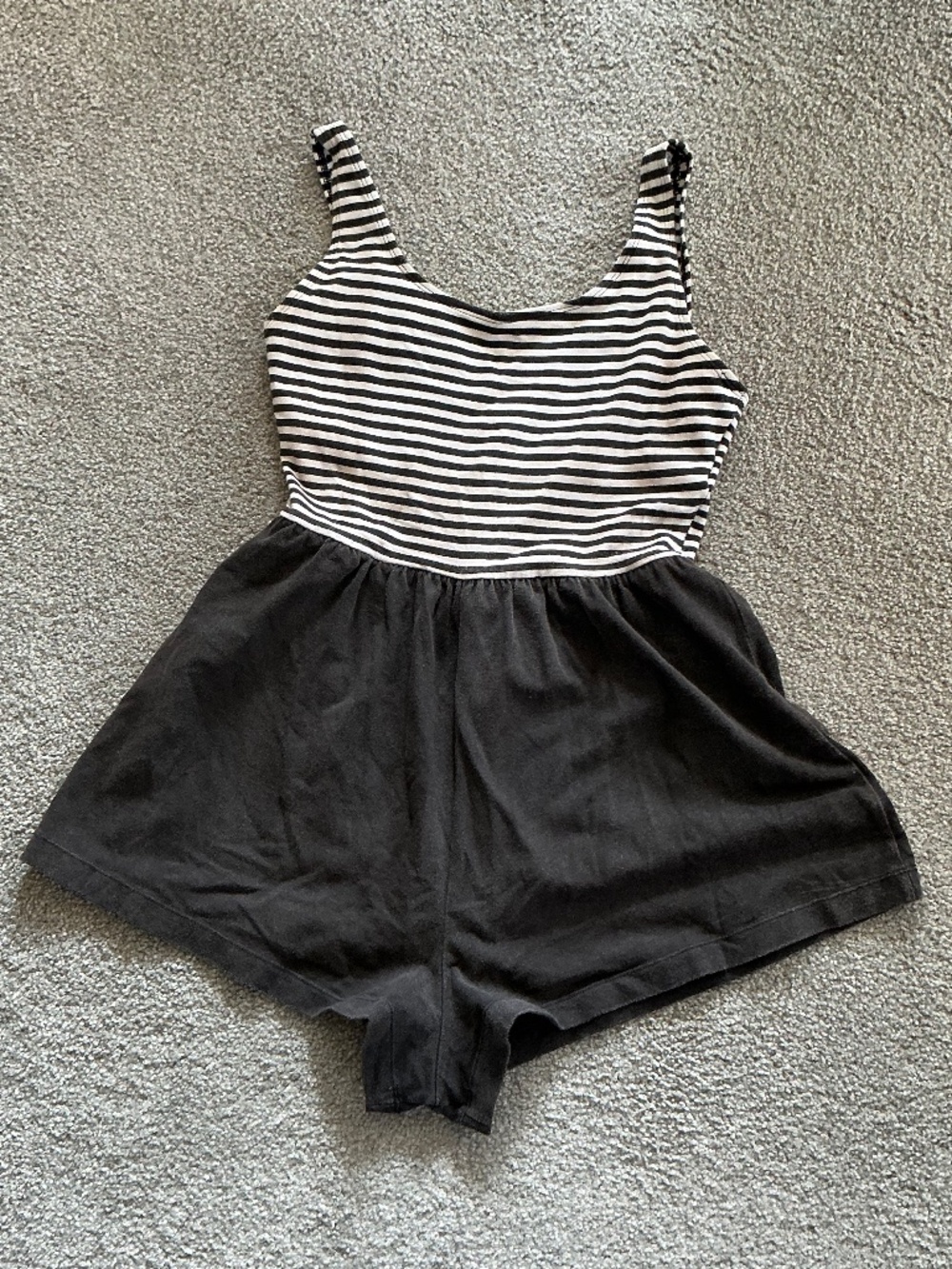 One Piece Gray and White Swimsuit Horizontal Stripes on Top & Solid Color Lower